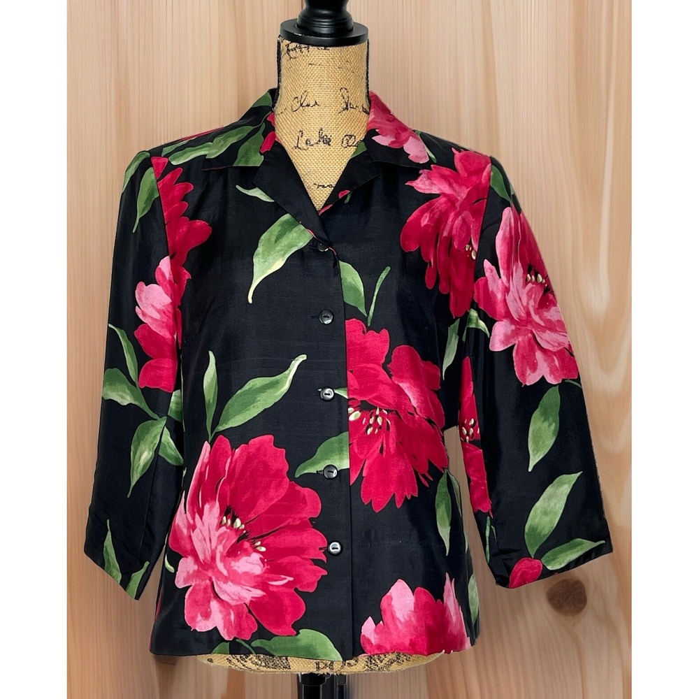 Savvy by Rafael 100% Silk Black w/Red Floral Design Blouse Shirt Jacket Size 8